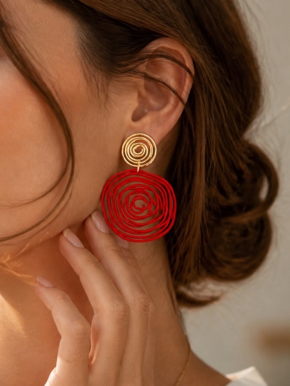 "Kendra" Asymmetrical Retro Hoop Gold Red Casual Abstract Art Geometric Earrings